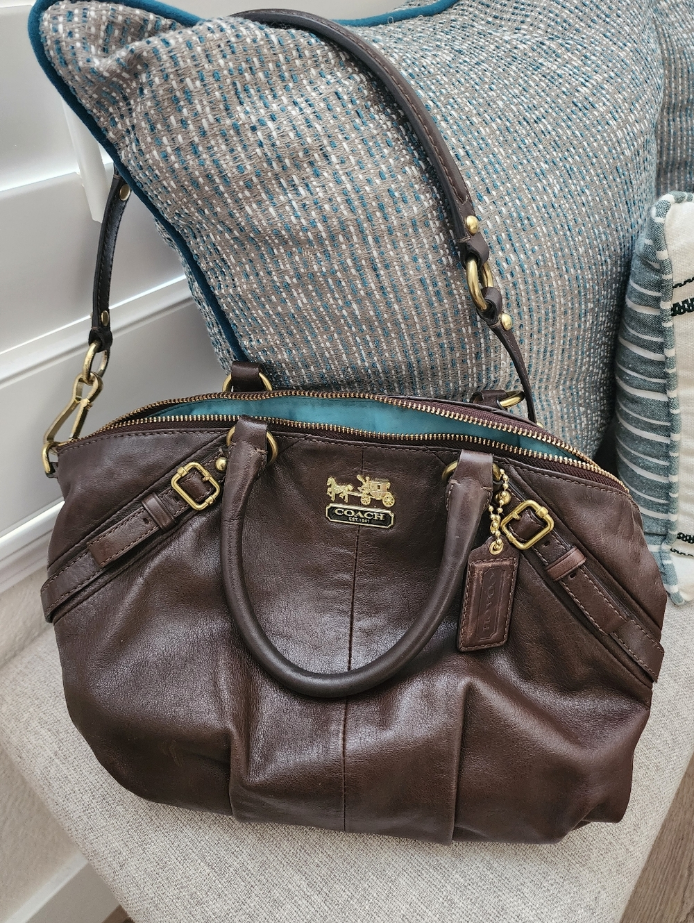 Coach Dark Brown Leather Satchel with Gold Hardware And Removable Shoulder Strap